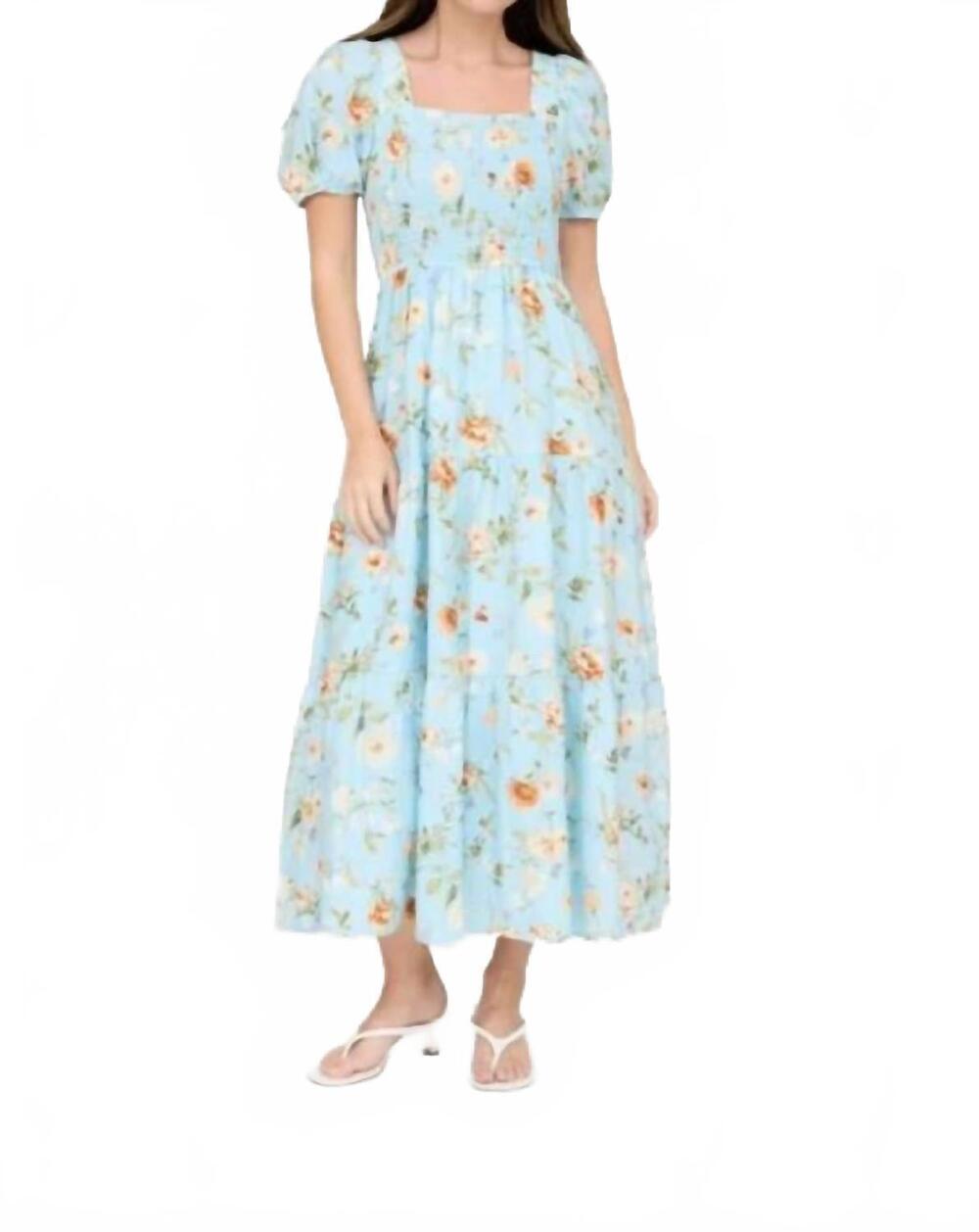 NEW MINE AND E&M floral smocked puff sleeve a-line midi dress in mint